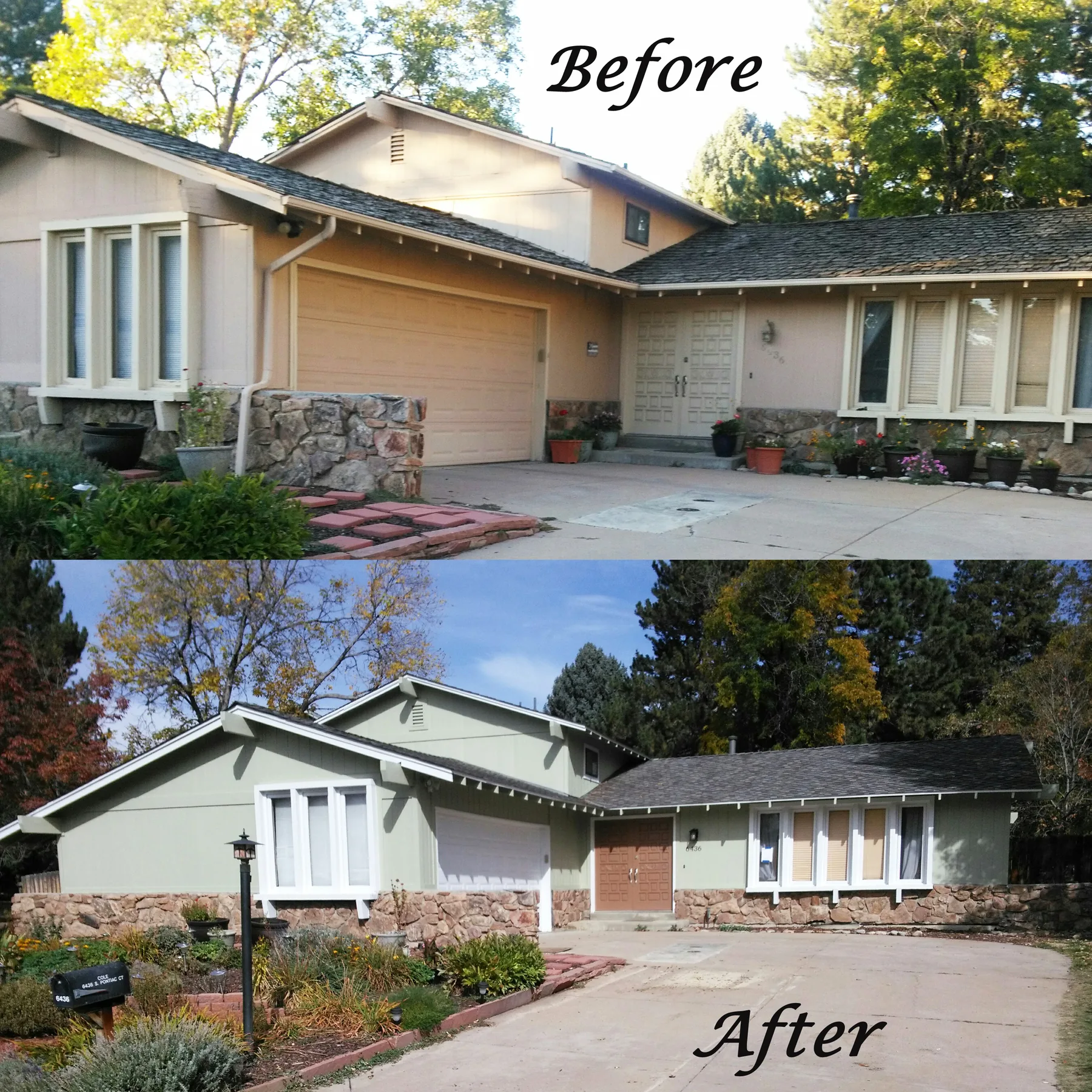 Before-and-after exterior remodel of a Colorado ranch home